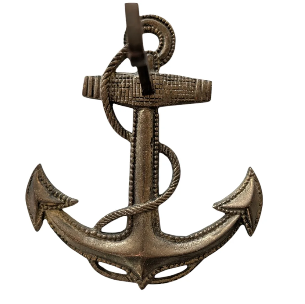 Vintage Large Cast Brass Anchor With Rope, Nautical Wall Mount. 7.5